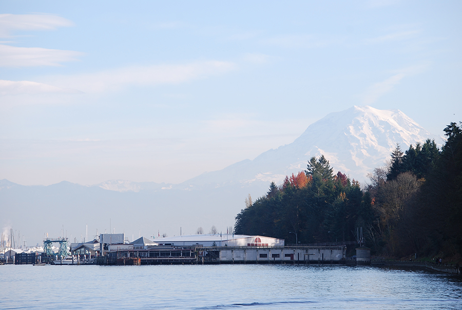 The view of Mount Rainier from Ownen's Beach at Point Defiance Park