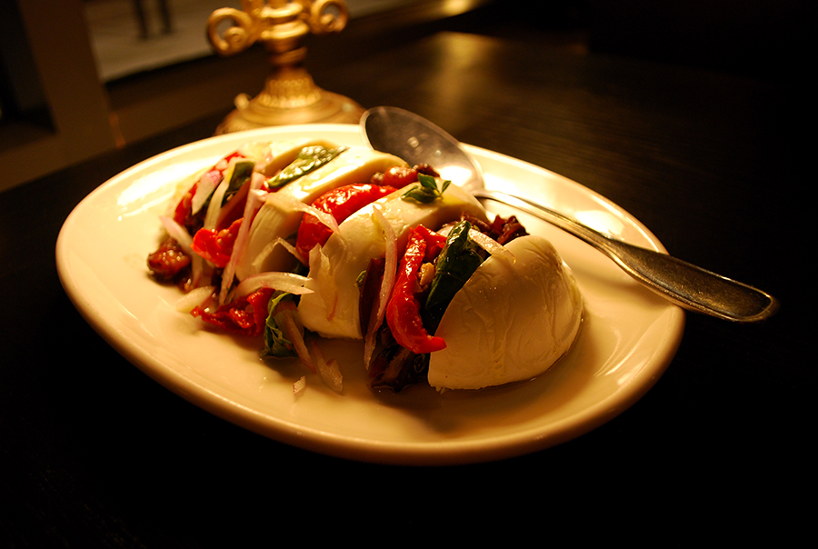 Black Bottle's eggplant pepperonotta Caprese salad with peppers.