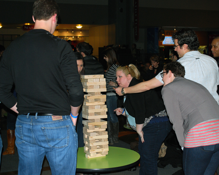 People love the life-size games at the Best Damn Happy Hour in Seattle.